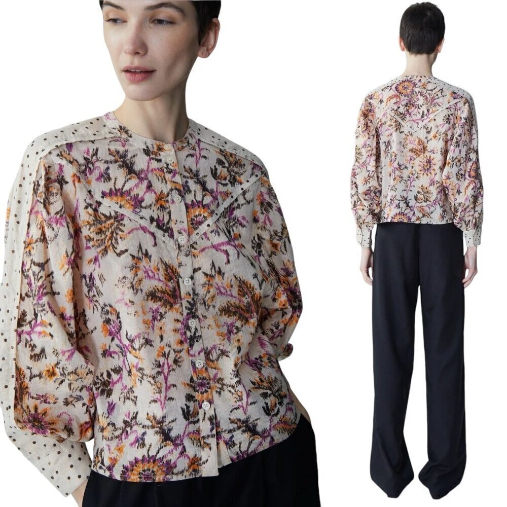 MariaCher Mixed Print Metallic Thread Blouse in White Gardenia Size XS